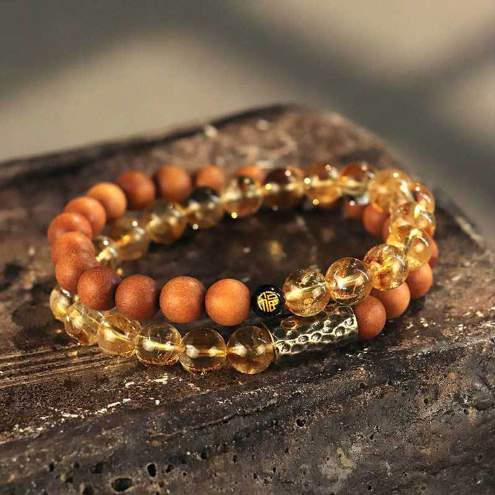 Buddha Stones Citrine Sandalwood Bodhi Seed Protection Double Wrap Bracelet