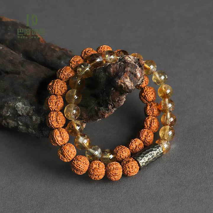 Buddha Stones Citrine Sandalwood Bodhi Seed Protection Double Wrap Bracelet