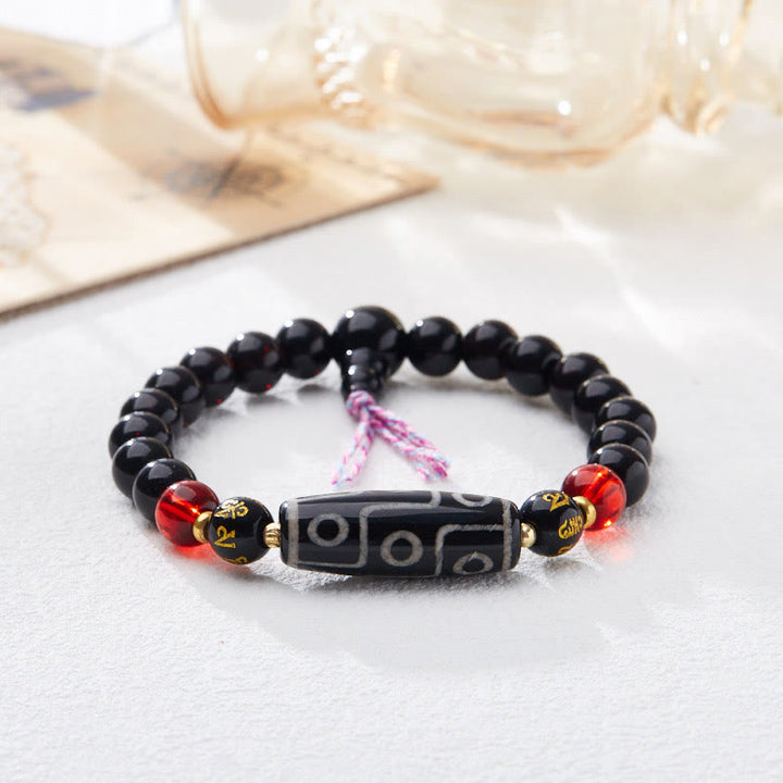 Buddha Stones Tibetan Nine-eye Dzi Bead Black Onyx Six True Words Wealth Protection Bracelet