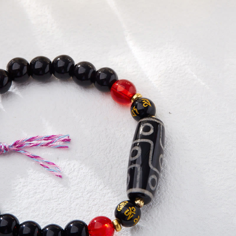 Buddha Stones Tibetan Nine-eye Dzi Bead Black Onyx Six True Words Wealth Protection Bracelet