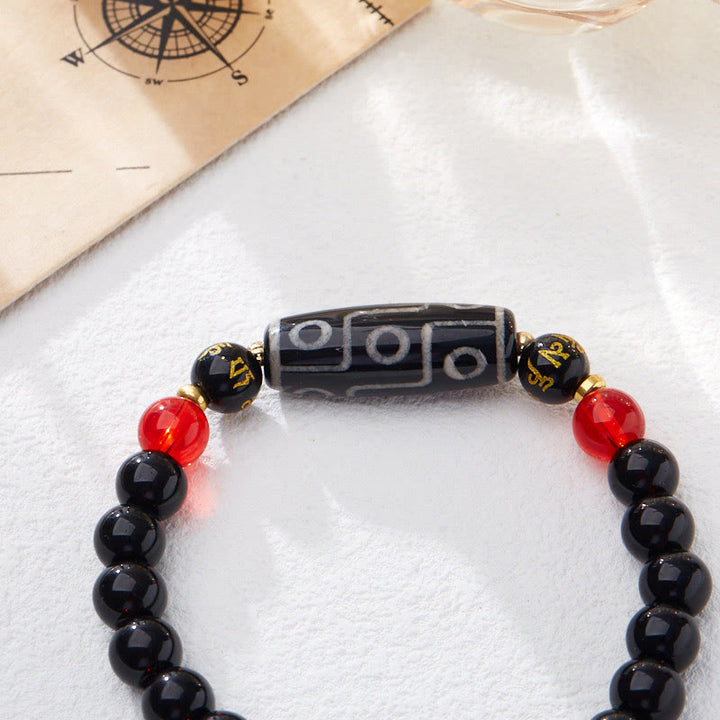 Buddha Stones Tibetan Nine-eye Dzi Bead Black Onyx Six True Words Wealth Protection Bracelet