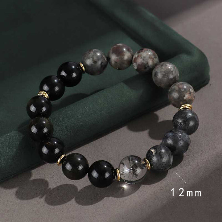 Buddha Stones 925 Sterling Silver Black Onyx Gold Sheen Obsidian Lava Rock Tiger Eye Six True Words Wealth Protection Bracelet