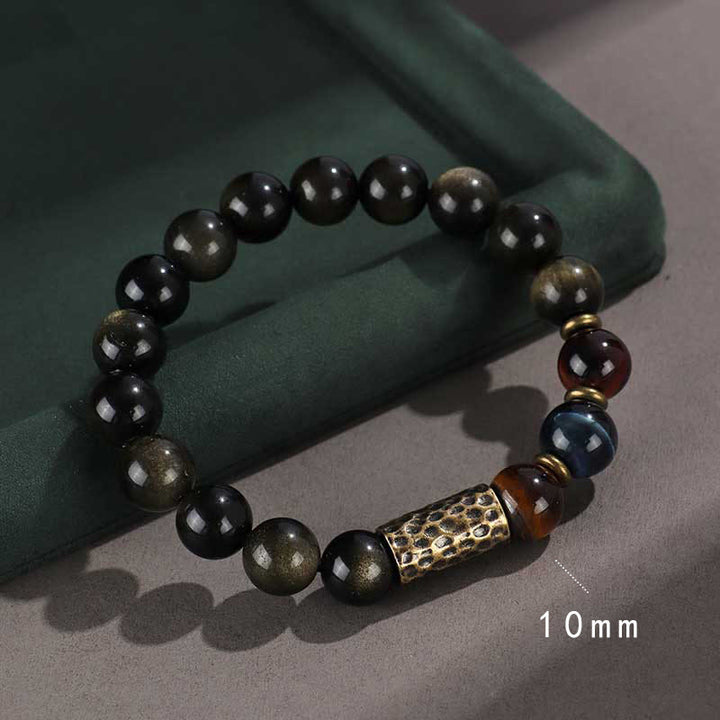 Buddha Stones 925 Sterling Silver Black Onyx Gold Sheen Obsidian Lava Rock Tiger Eye Six True Words Wealth Protection Bracelet