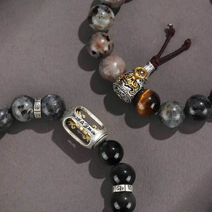 Buddha Stones 925 Sterling Silver Black Onyx Gold Sheen Obsidian Lava Rock Tiger Eye Six True Words Wealth Protection Bracelet