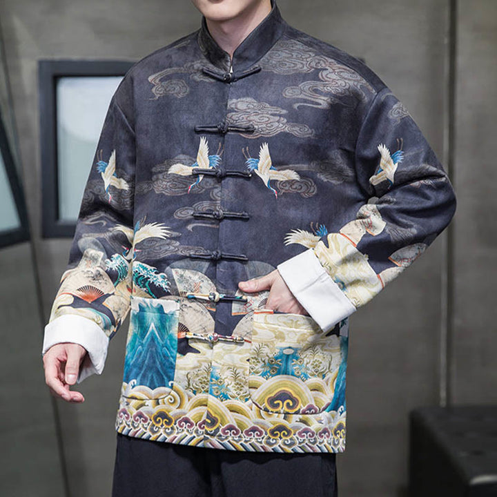 Buddha Stones Frog-Button Chinese Tang Suit Crane Character Long Shirt Cotton Suede Men Jacket Clothing - image 12