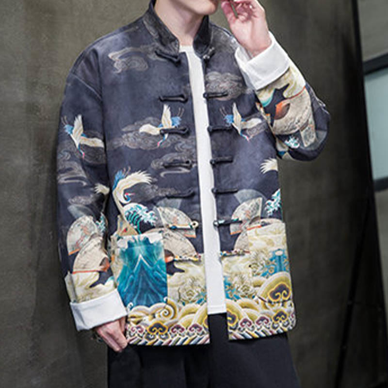 Buddha Stones Frog-Button Chinese Tang Suit Crane Character Long Shirt Cotton Suede Men Jacket Clothing - image 12