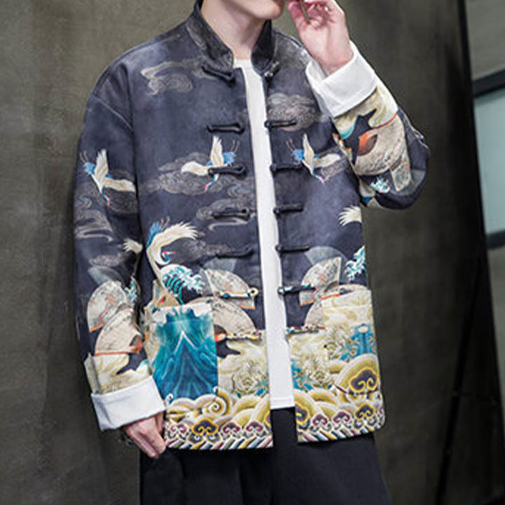 Buddha Stones Frog-Button Chinese Tang Suit Crane Character Long Shirt Cotton Suede Men Jacket Clothing - image 12