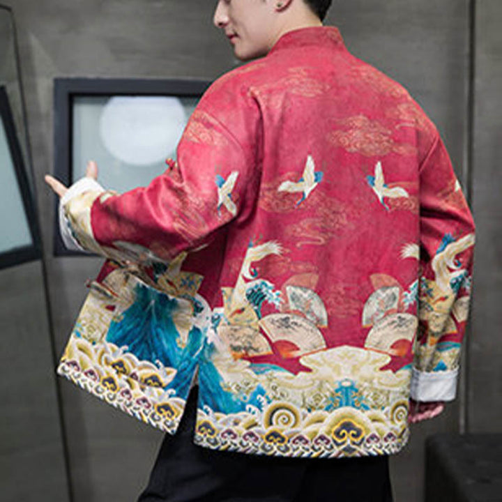 Buddha Stones Frog-Button Chinese Tang Suit Crane Character Long Shirt Cotton Suede Men Jacket Clothing - image 18