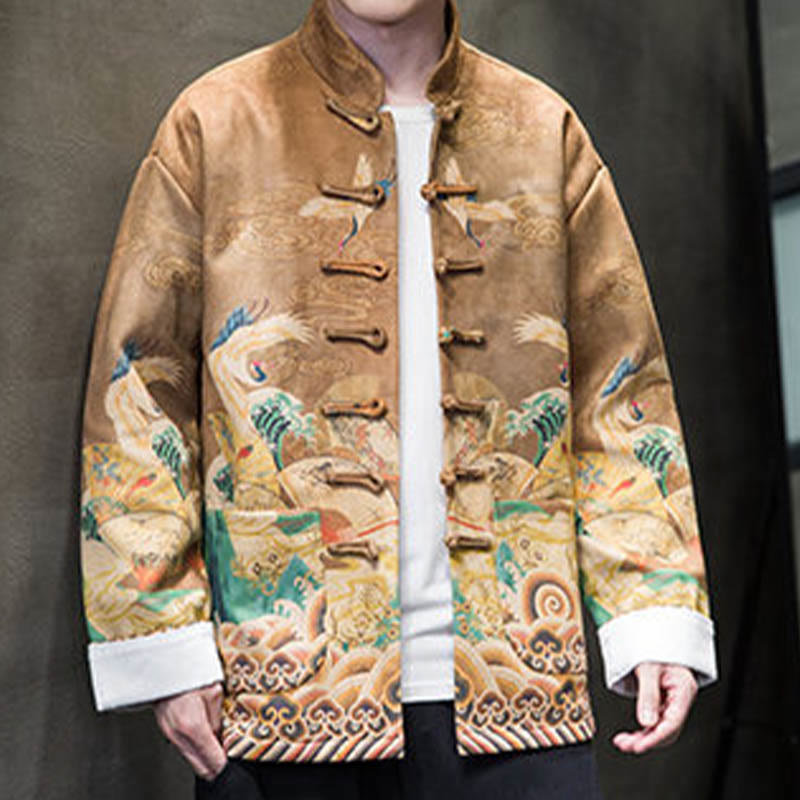 Buddha Stones Frog-Button Chinese Tang Suit Crane Character Long Shirt Cotton Suede Men Jacket Clothing - image 7