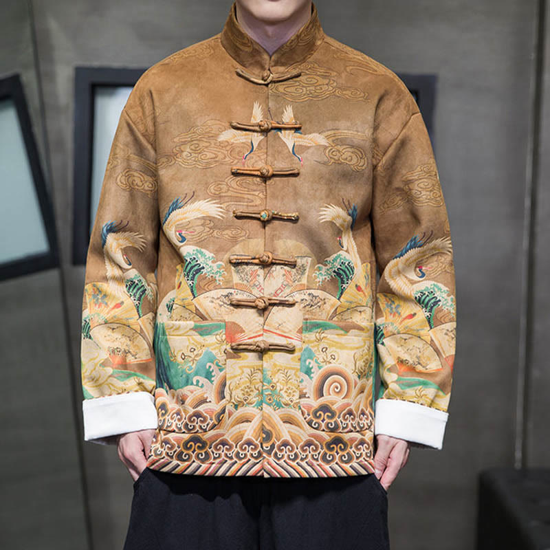 Buddha Stones Frog-Button Chinese Tang Suit Crane Character Long Shirt Cotton Suede Men Jacket Clothing - image 4