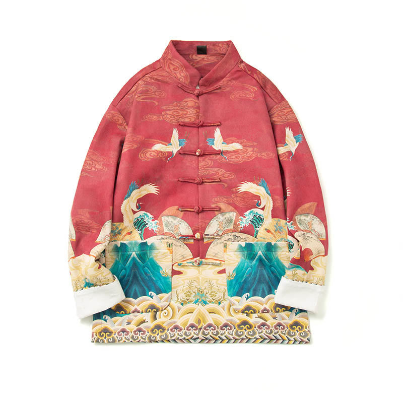 Buddha Stones Frog-Button Chinese Tang Suit Crane Character Long Shirt Cotton Suede Men Jacket Clothing - image 27