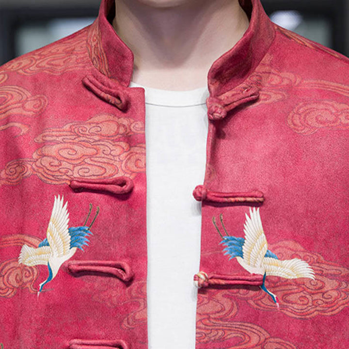 Buddha Stones Frog-Button Chinese Tang Suit Crane Character Long Shirt Cotton Suede Men Jacket Clothing - image 24