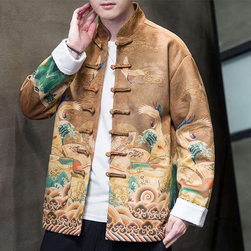 Buddha Stones Frog-Button Chinese Tang Suit Crane Character Long Shirt Cotton Suede Men Jacket Clothing - image 1