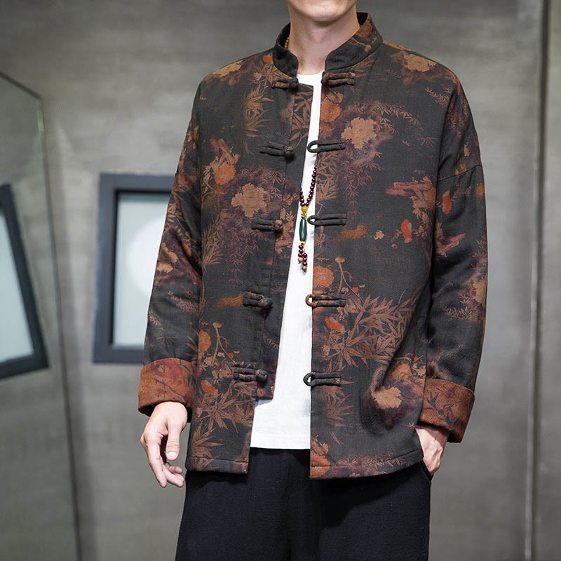 Buddha Stones Frog-Button Chinese Tang Suit Long Shirt Cotton Men Jacket Clothing - Black - US/UK/AU46，EU56 (5XL) - image 0