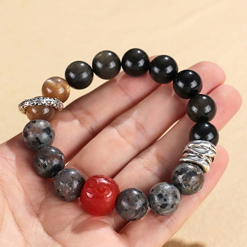 Buddha Stones Gold Sheen Obsidian Lava Rock Red Agate Protection Bracelet