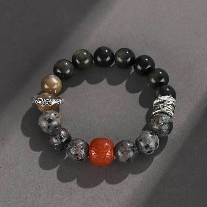 Buddha Stones Gold Sheen Obsidian Lava Rock Red Agate Protection Bracelet