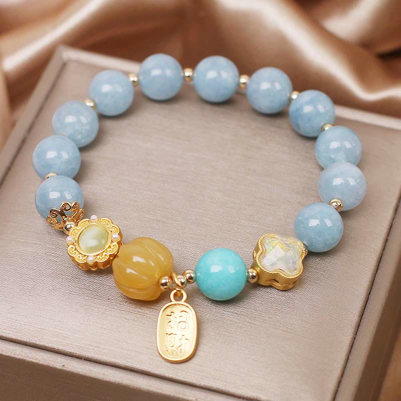 Buddha Stones Aquamarine Pumpkin Pearl Wealth Protection Bracelet