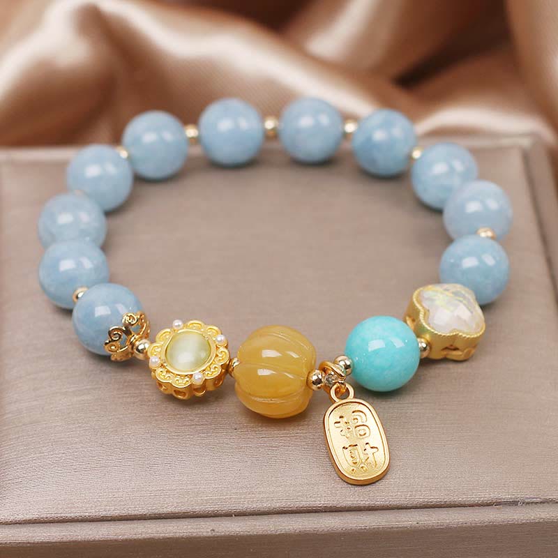 Buddha Stones Aquamarine Pumpkin Pearl Wealth Protection Bracelet