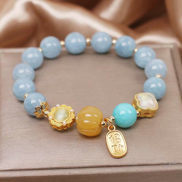 Buddha Stones Aquamarine Pumpkin Pearl Wealth Protection Bracelet