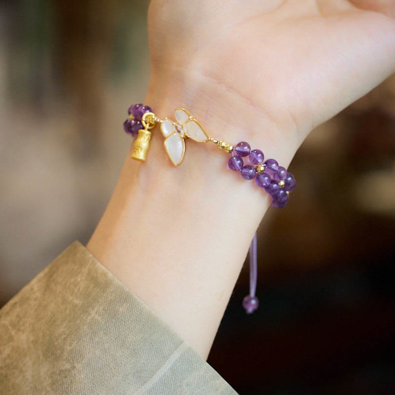 Buddha Stones Amethyst Butterfly Bamboo Balance Relieves Stress Braided String Bracelet