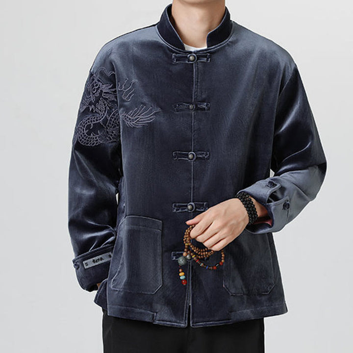 Buddha Stones Embroider Dragon Casual Frog-button Cotton Men's Jacket Shirt Clothing