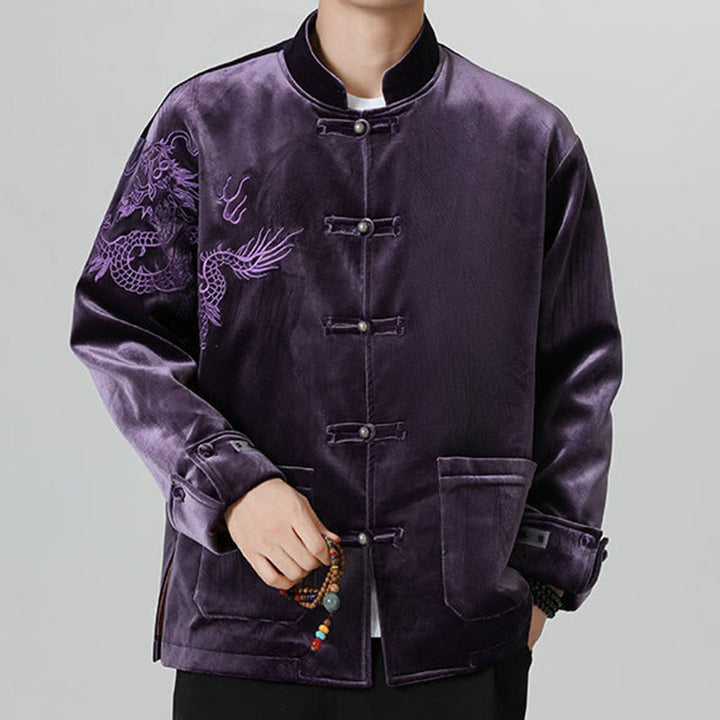 Buddha Stones Embroider Dragon Casual Frog-button Cotton Men's Jacket Shirt Clothing