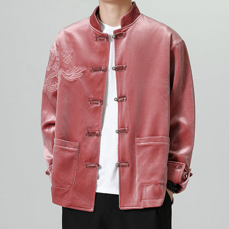 Buddha Stones Embroider Dragon Casual Frog-button Cotton Men's Jacket Shirt Clothing - FireBrick - US/UK/AU46，EU56 (5XL) - image 1