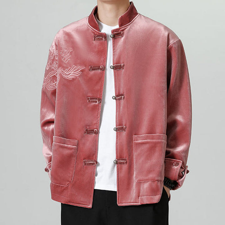 Buddha Stones Embroider Dragon Casual Frog-button Cotton Men's Jacket Shirt Clothing - FireBrick - US/UK/AU46，EU56 (5XL) - image 1