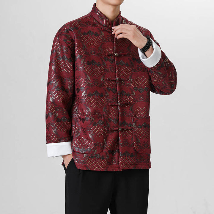 Buddha Stones Copper Frog-Button Chinese Tang Suit Wave Shape Long Shirt Men Jacket Clothing - image 9