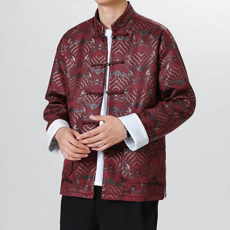 Buddha Stones Copper Frog-Button Chinese Tang Suit Wave Shape Long Shirt Men Jacket Clothing - image 8