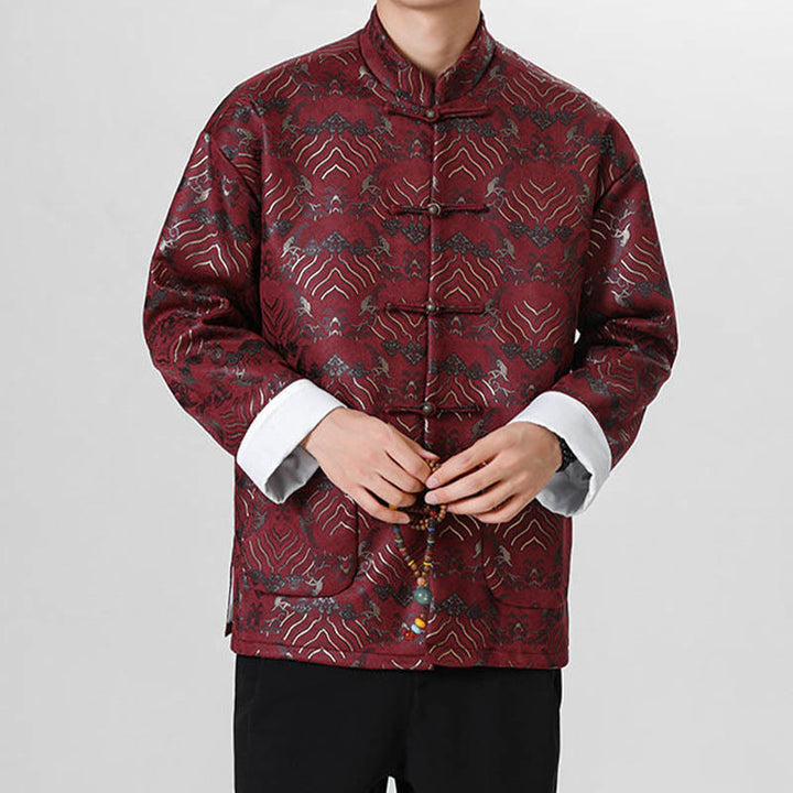 Buddha Stones Copper Frog-Button Chinese Tang Suit Wave Shape Long Shirt Men Jacket Clothing