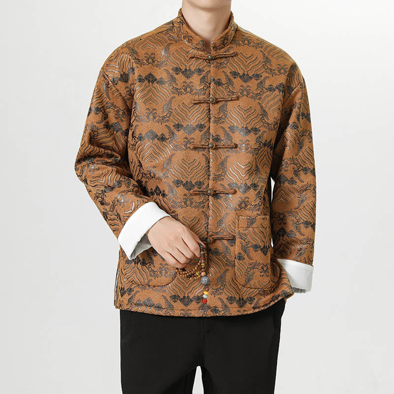 Buddha Stones Copper Frog-Button Chinese Tang Suit Wave Shape Long Shirt Men Jacket Clothing - image 22
