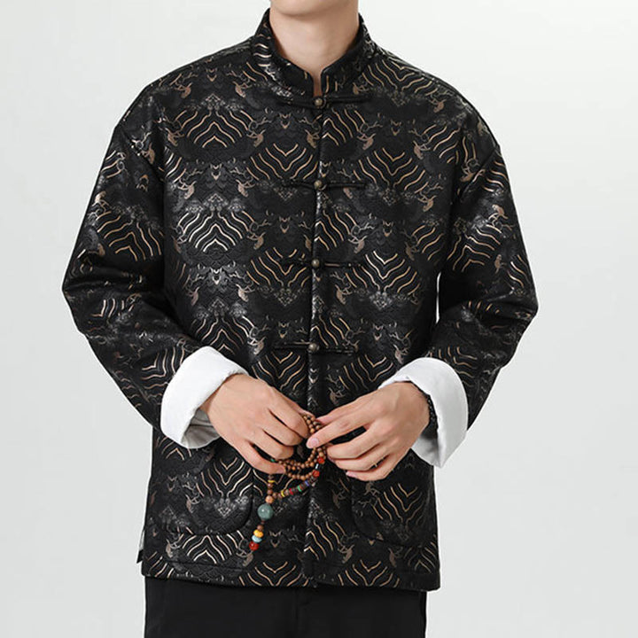 Buddha Stones Copper Frog-Button Chinese Tang Suit Wave Shape Long Shirt Men Jacket Clothing - image 3