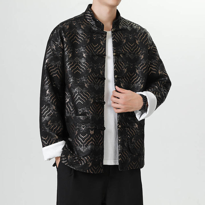 Buddha Stones Copper Frog-Button Chinese Tang Suit Wave Shape Long Shirt Men Jacket Clothing