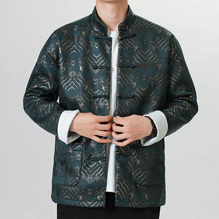Buddha Stones Copper Frog-Button Chinese Tang Suit Wave Shape Long Shirt Men Jacket Clothing - image 17