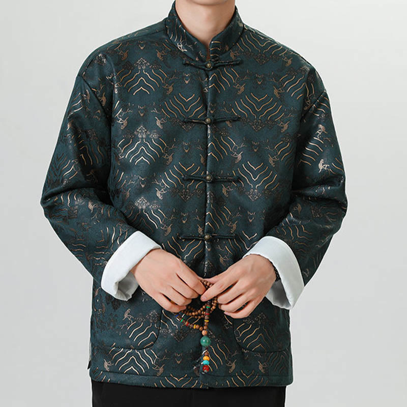 Buddha Stones Copper Frog-Button Chinese Tang Suit Wave Shape Long Shirt Men Jacket Clothing - image 13