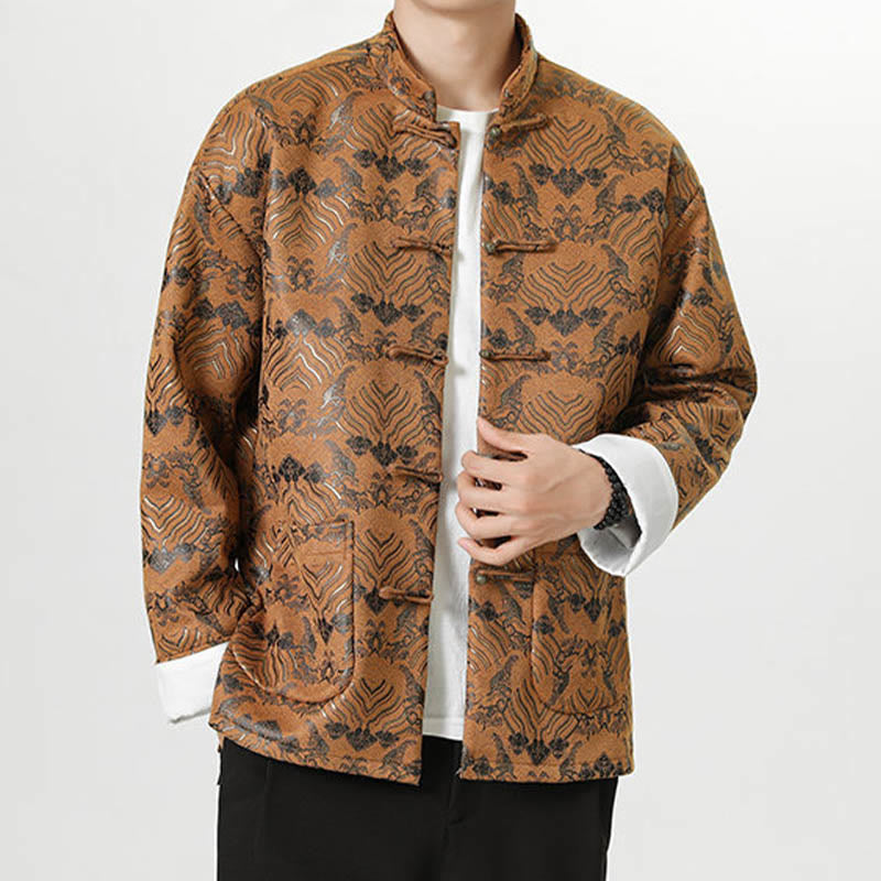 Buddha Stones Copper Frog-Button Chinese Tang Suit Wave Shape Long Shirt Men Jacket Clothing - Peru - US/UK/AU46，EU56 (5XL) - image 18