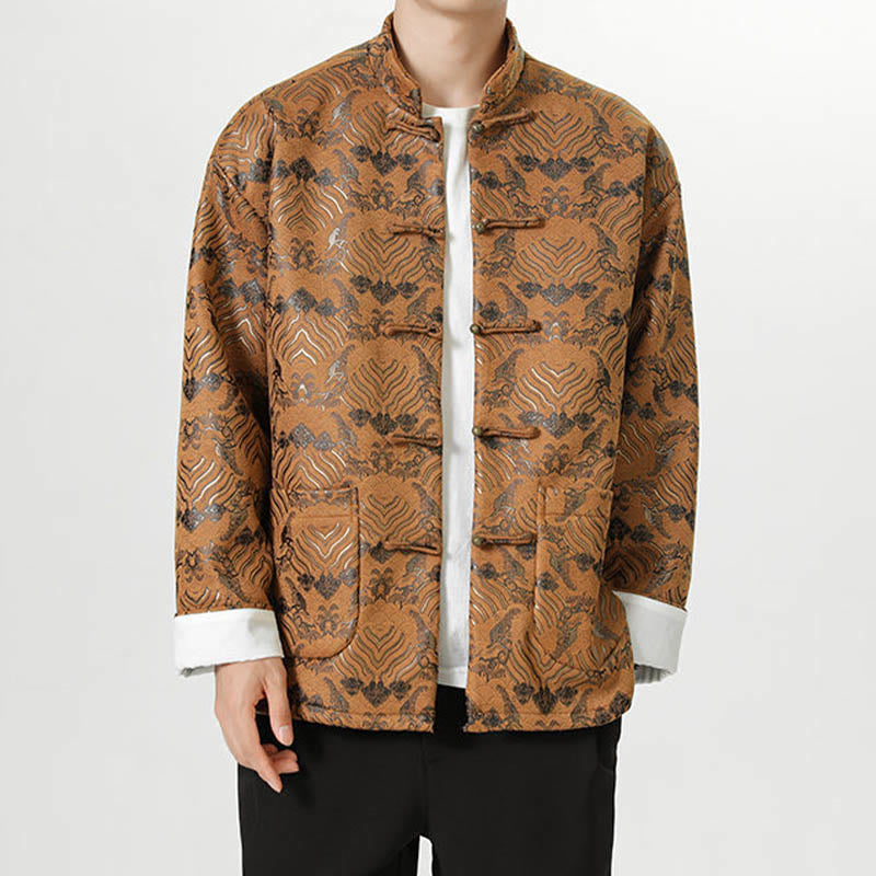 Buddha Stones Copper Frog-Button Chinese Tang Suit Wave Shape Long Shirt Men Jacket Clothing