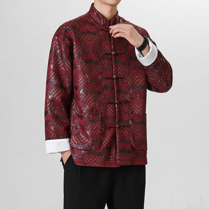 Buddha Stones Copper Frog-Button Chinese Tang Suit Wave Shape Long Shirt Men Jacket Clothing - DarkRed - US/UK/AU46，EU56 (5XL) - image 6