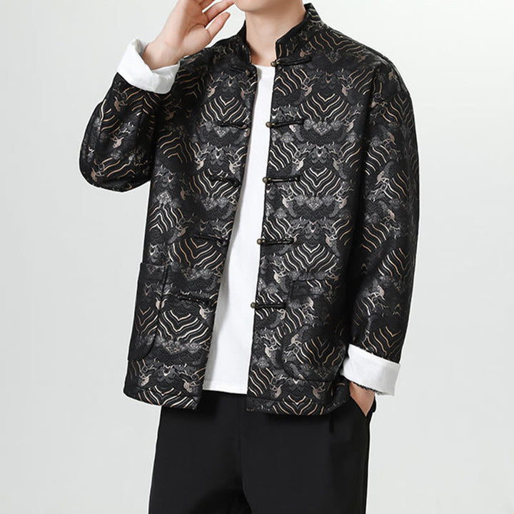 Buddha Stones Copper Frog-Button Chinese Tang Suit Wave Shape Long Shirt Men Jacket Clothing - image 5