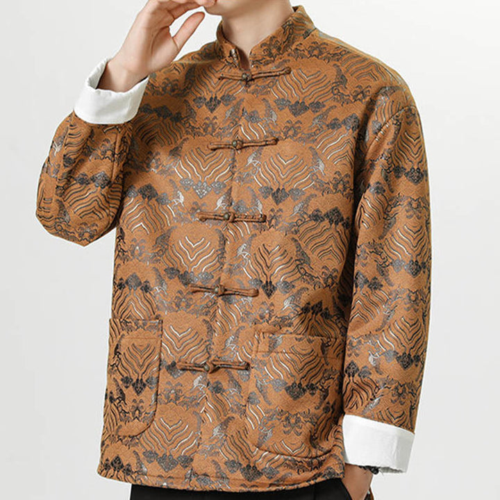 Buddha Stones Copper Frog-Button Chinese Tang Suit Wave Shape Long Shirt Men Jacket Clothing