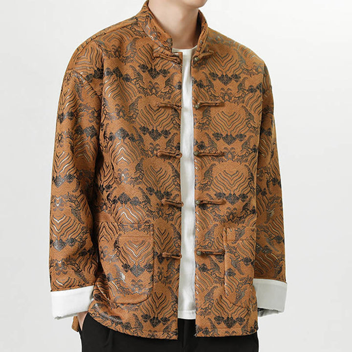 Buddha Stones Copper Frog-Button Chinese Tang Suit Wave Shape Long Shirt Men Jacket Clothing - image 19