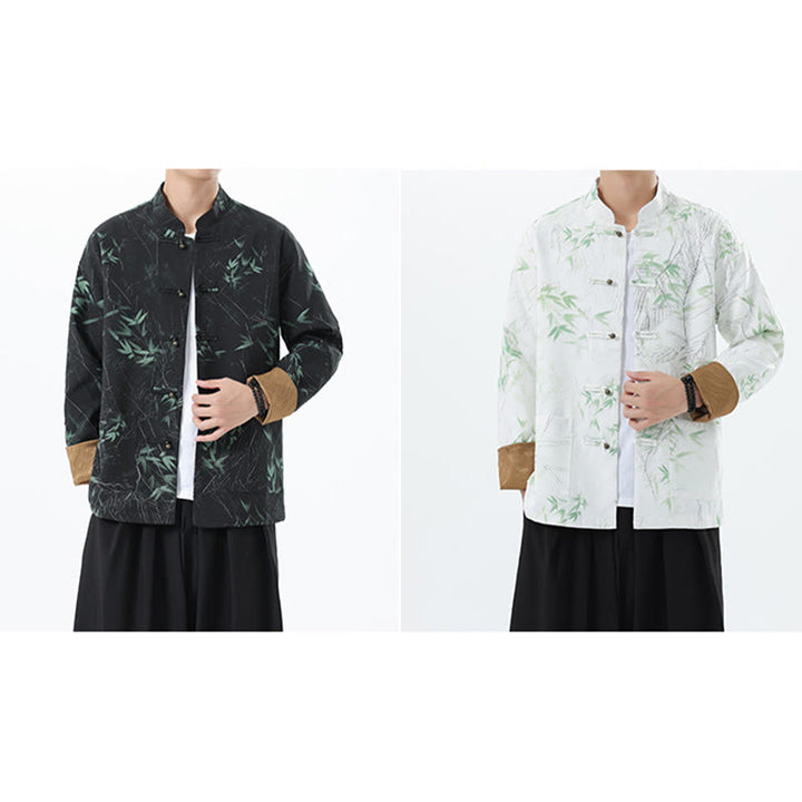 Buddha Stones Printing Bamboo Casual Frog-button Spandex Men's Jacket Shirt Clothing