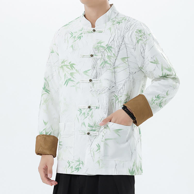 Buddha Stones Printing Bamboo Casual Frog-button Spandex Men's Jacket Shirt Clothing