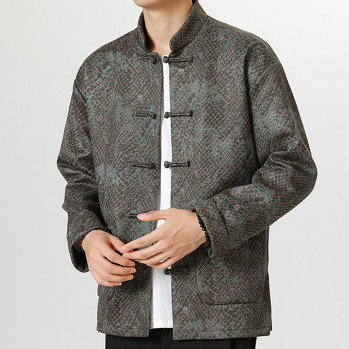 Buddha Stones Casual Suede Python Pattern Frog-button Cotton Men's Jacket Shirt Clothing