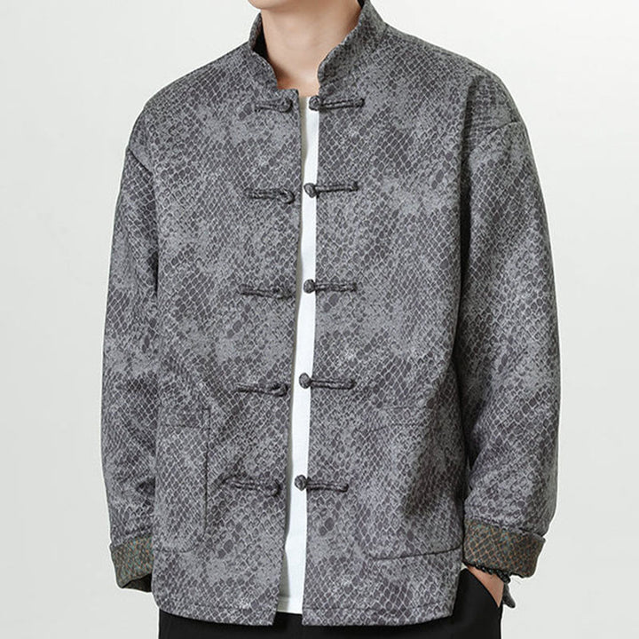 Buddha Stones Casual Suede Python Pattern Frog-button Cotton Men's Jacket Shirt Clothing