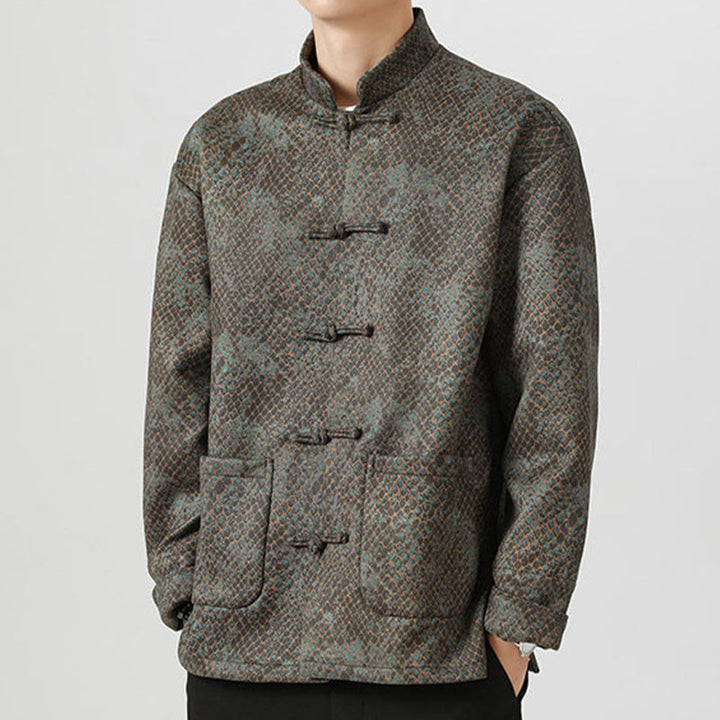 Buddha Stones Casual Suede Python Pattern Frog-button Cotton Men's Jacket Shirt Clothing