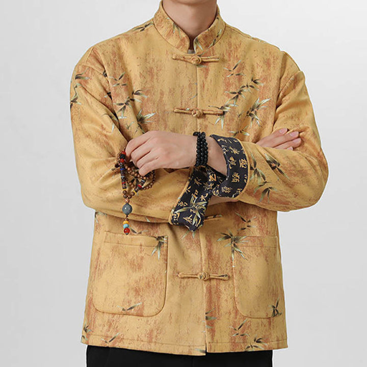 Buddha Stones Frog-Button Chinese Tang Suit Stand Collar Lanting Xu Character Long Shirt Men Jacket Clothing