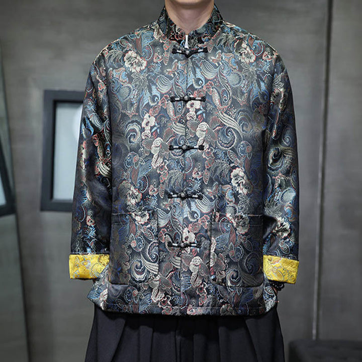 Buddha Stones Frog-Button Chinese Tang Suit Stand Collar Long Shirt Men Jacket Clothing