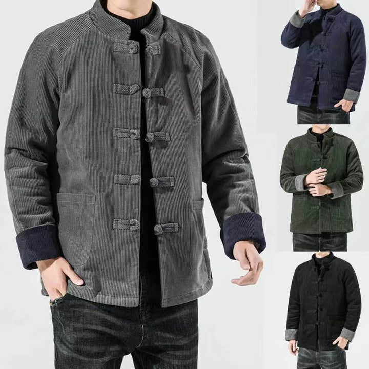 Buddha Stones Frog-Button Chinese Tang Suit Stand Collar Long Shirt Corduroy Men Cotton Jacket Clothing